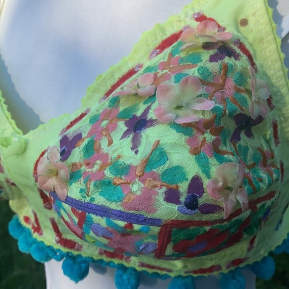 Festival Dress Up Rave Bra Top. Pointed Madonna Bra Style, Pom Poms & Paint - Picture 4 of 7